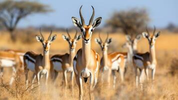 Photo of a herd of Gazelle resting in an open area on the Savanna. Generative AI