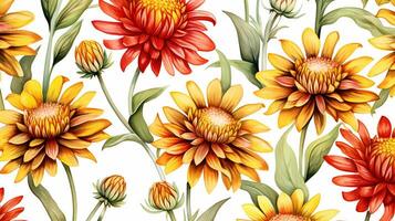 Seamless pattern of Gaillardia flower in watercolor style isolated on white background. Gaillardia flower texture background. Generative AI photo