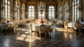 Photo of the dining room at the Palace of Versaille, France. Generative AI