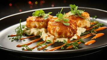 Photo of Crab Cakes as a dish in a high-end restaurant. Generative AI