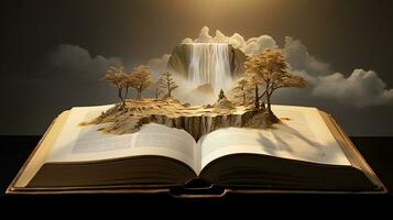 Fantasy landscape with a waterfall in the open book on dark background. Generative AI photo