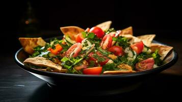 Photo of Fattoush as a dish in a high-end restaurant. Generative AI