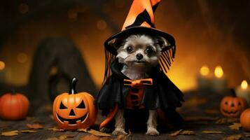 Photo of a cute dog wearing witch costume for halloween. Generative AI