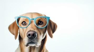 Photo of a Labrador Retriever dog using eyeglasses isolated on white background. Generative AI