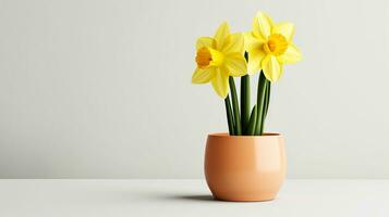 Photo of Daffodil flower in pot isolated on white background. Generative AI