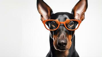 Photo of a Doberman Pinscher dog using eyeglasses isolated on white background. Generative AI
