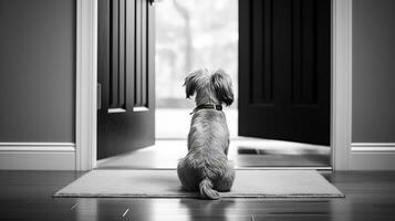 foto de un leal perro pacientemente espera sus del propietario regreso por el frente puerta. generativo ai