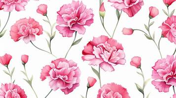 Seamless pattern of Carnation flower in watercolor style isolated on white background. Carnation flower texture background. Generative AI photo