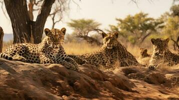 Photo of a herd of African Leopard resting in an open area on the Savanna. Generative AI