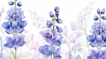 Seamless pattern of Delphinium flower in watercolor style isolated on white background. Delphinium flower texture background. Generative AI photo