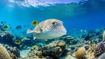 Photo of Pufferfish with various fish between healthy coral reefs in the blue ocean. Generative AI