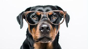 Photo of a Rottweiler dog using eyeglasses isolated on white background. Generative AI