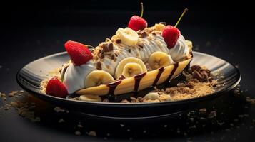 Photo of Banana Split as a dish in a high-end restaurant. Generative AI