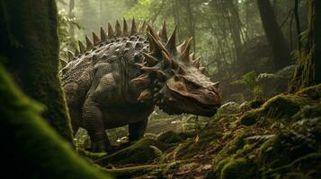 Photo of Stegosaurus Rex in the Jungle. Generative AI