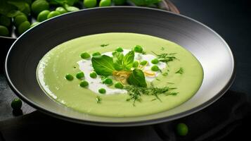 Photo of Spring Pea Soup as a dish in a high-end restaurant. Generative AI
