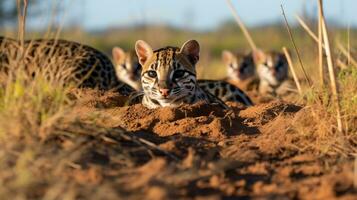 Photo of a herd of Ocelot resting in an open area on the Savanna. Generative AI