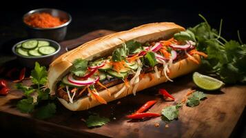 Photo of Banh Mi as a dish in a high-end restaurant. Generative AI