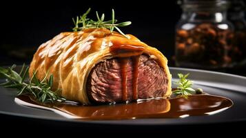 Photo of Beef Wellington as a dish in a high-end restaurant. Generative AI