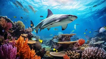 Photo of Hammerhead Shark with various fish between healthy coral reefs in the blue ocean. Generative AI