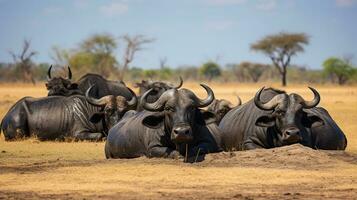 Photo of a herd of African Buffalo resting in an open area on the Savanna. Generative AI