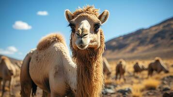 Close-up photo of a Camel looking any direction in the Desert. Generative AI