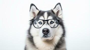 Photo of a Alaskan Malamute dog using eyeglasses isolated on white background. Generative AI