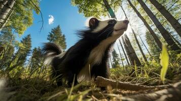 Photo of Skunk in ther forest with blue sky. Generative AI