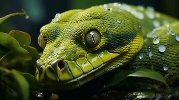 Close-up photo of a Green Tree Python looking in their habitat. Generative AI