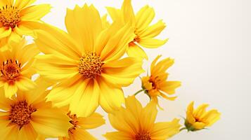 Photo of beautiful Coreopsis flower isolated on white background. Generative AI