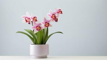 Photo of Cymbidium Orchid flower in pot isolated on white background. Generative AI