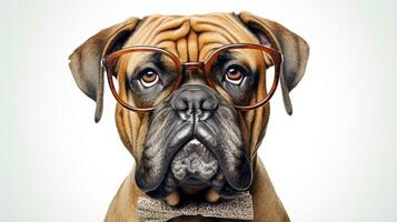 Photo of a Bullmastiff dog using eyeglasses isolated on white background. Generative AI