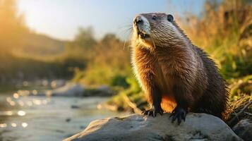 Close-up photo of a Marmot looking in their habitat. Generative AI