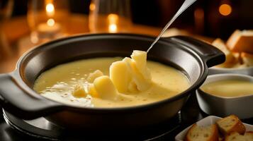 foto de queso fondue como un plato en un gama alta restaurante. generativo ai