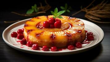 Photo of Pineapple Upside-Down Cake as a dish in a high-end restaurant. Generative AI