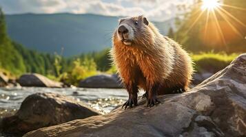 Close-up photo of a Marmot looking in their habitat. Generative AI