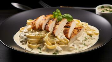 Photo of Chicken Alfredo as a dish in a high-end restaurant. Generative AI