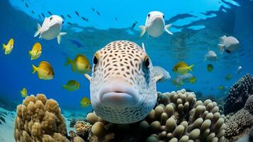 Photo of Pufferfish with various fish between healthy coral reefs in the blue ocean. Generative AI