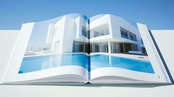 Open magazine with modern and minimalist building and blue sky. 3d rendering. photo