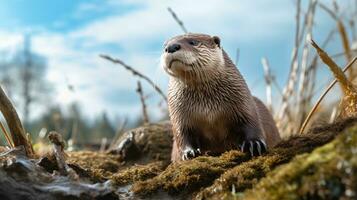 Photo of Otter in ther forest with blue sky. Generative AI