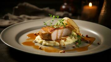 Photo of Pork Loin with Apple Sauce as a dish in a high-end restaurant. Generative AI