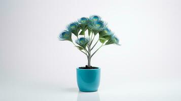 Photo of Peacock flower in pot isolated on white background. Generative AI