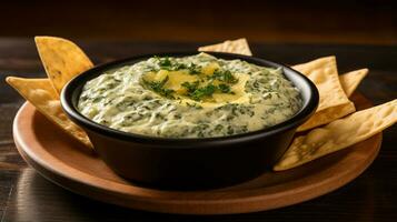 Photo of Spinach and Cheese Dip as a dish in a high-end restaurant. Generative AI