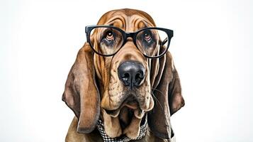 Photo of a Bloodhound dog using eyeglasses isolated on white background. Generative AI