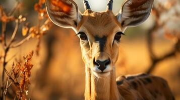 Close-up photo of a Impala looking any direction. Generative AI