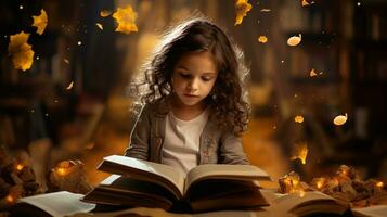 pequeño niña leyendo un libro en el biblioteca con otoño hojas alrededor su. generativo ai foto