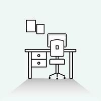 Office desk or table with computer and photo frame. Liner icon with editable stroke. Logo concept vector