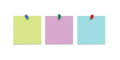 colored sticky note paper with a push pin. Blank paper sheets for notes. Front view. Realistic paper stickers vector