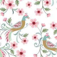 Cute peacock and pink flowers design seamless pattern. vector