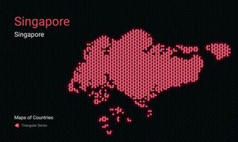 singapore map with red dots on black background.Republic of Singapore vector glowing map. Triangular pattern.