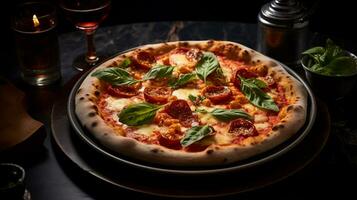 Photo of Pizza as a dish in a high-end restaurant. Generative AI